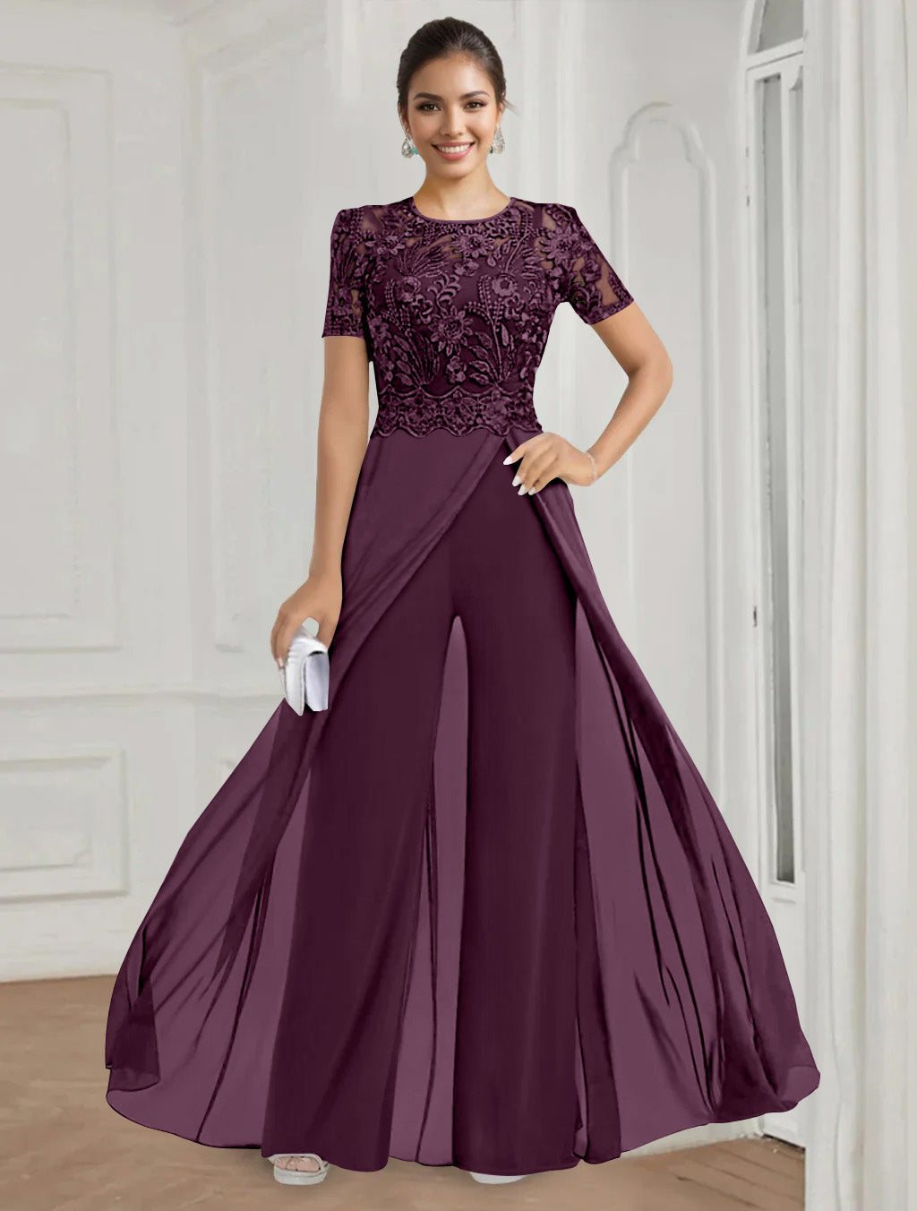 Stretch Chiffon Round Neck Short Sleeves Floor Length Mother Of The Bride Pantsuits With Appliques Lace