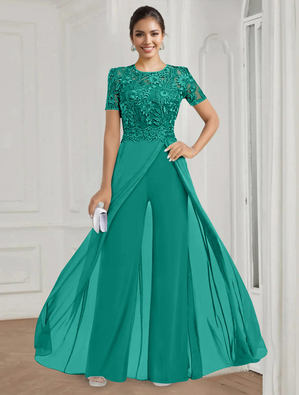 Stretch Chiffon Round Neck Short Sleeves Floor Length Mother Of The Bride Pantsuits With Appliques Lace