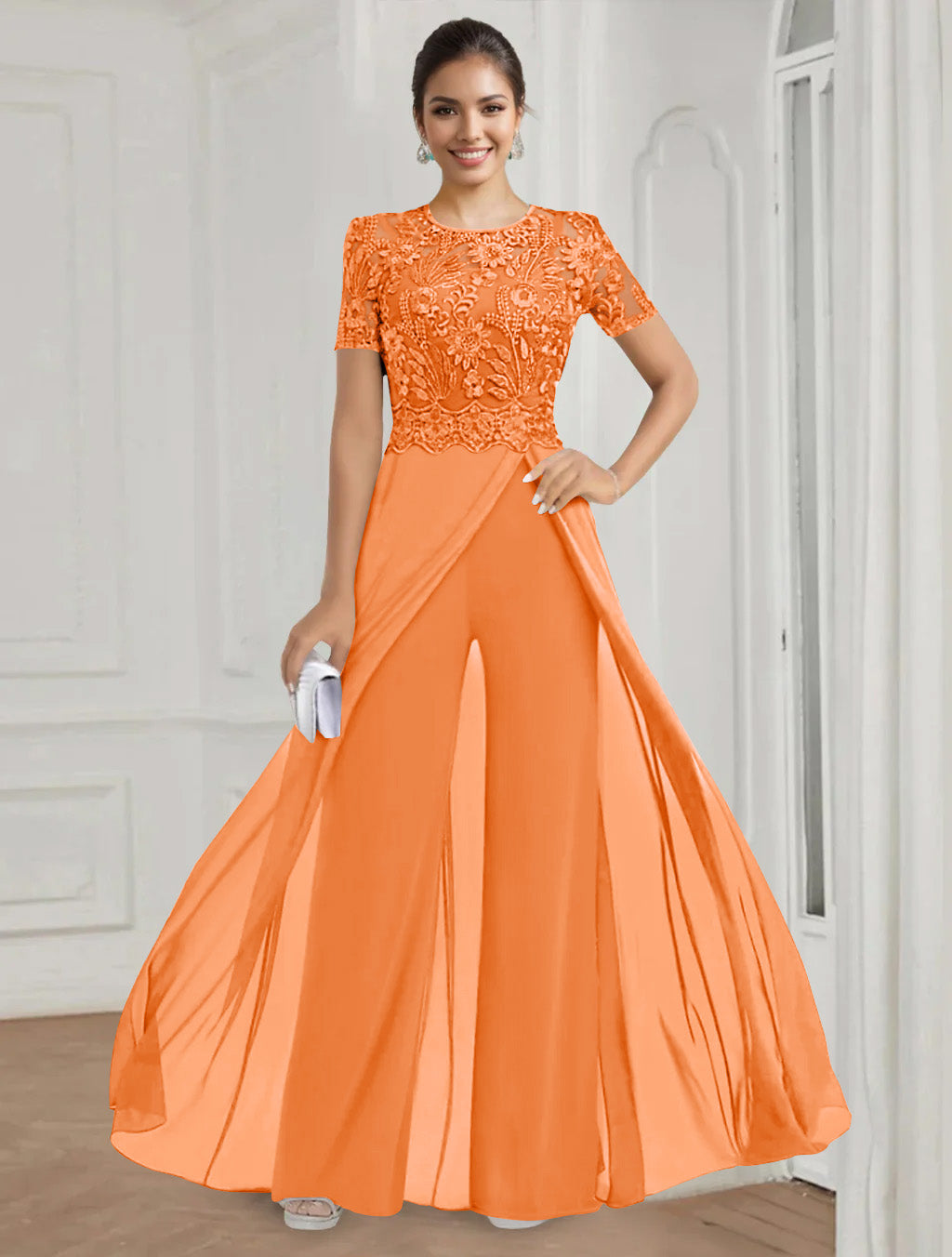 Stretch Chiffon Round Neck Short Sleeves Floor Length Mother Of The Bride Pantsuits With Appliques Lace