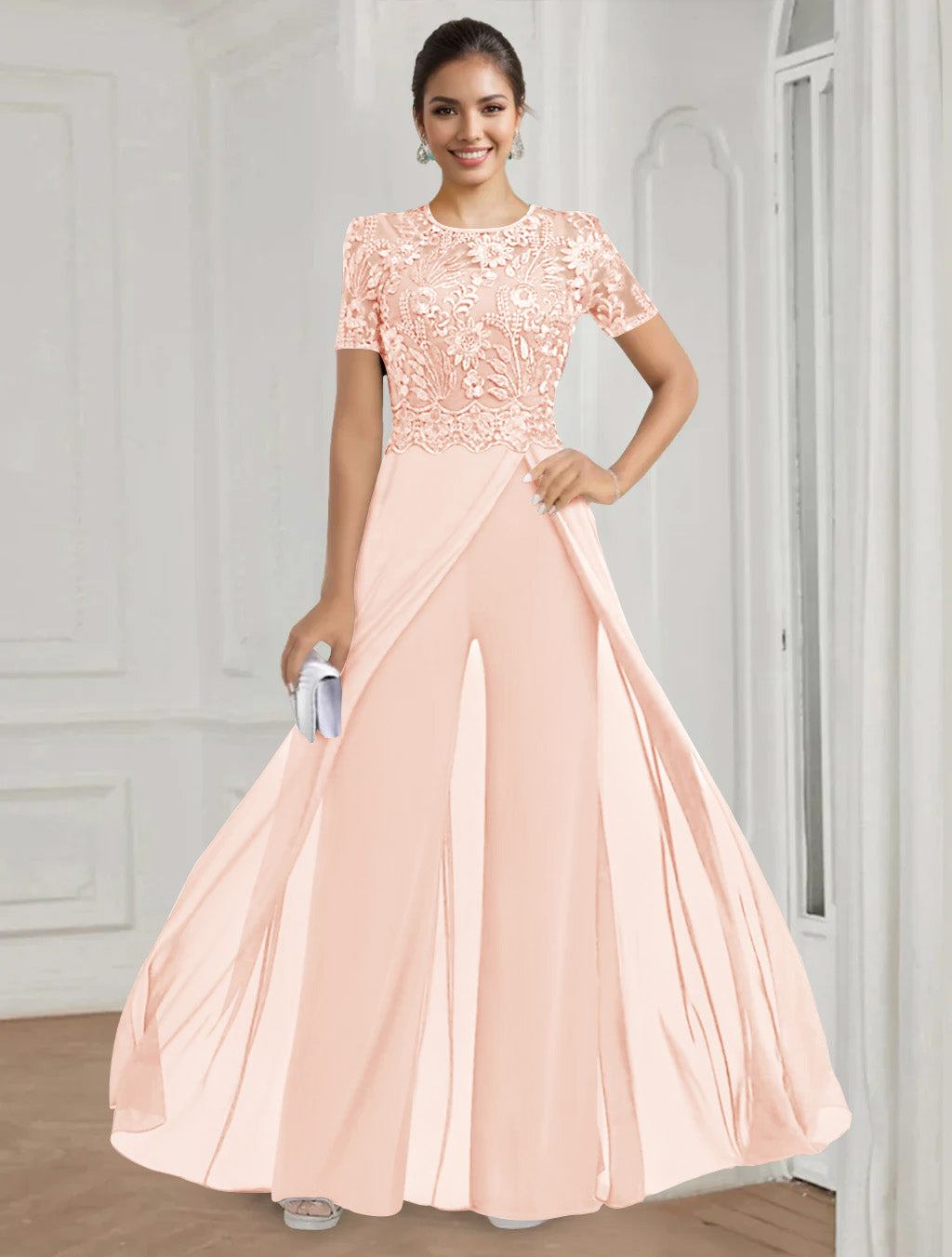 Stretch Chiffon Round Neck Short Sleeves Floor Length Mother Of The Bride Pantsuits With Appliques Lace