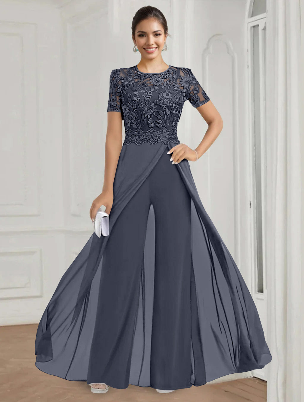 Stretch Chiffon Round Neck Short Sleeves Floor Length Mother Of The Bride Pantsuits With Appliques Lace