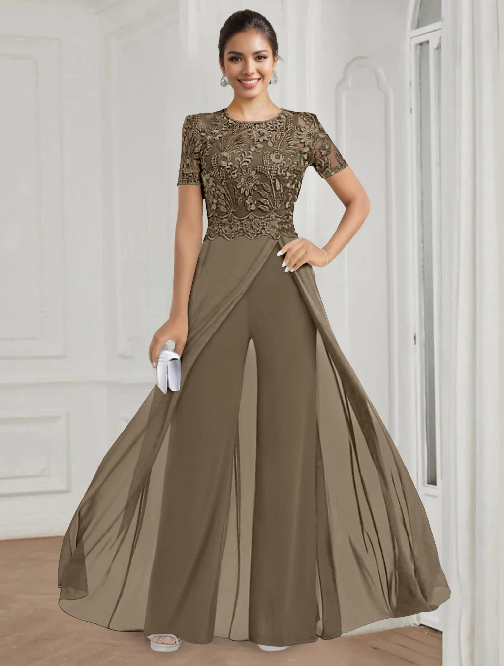 Stretch Chiffon Round Neck Short Sleeves Floor Length Mother Of The Bride Pantsuits With Appliques Lace