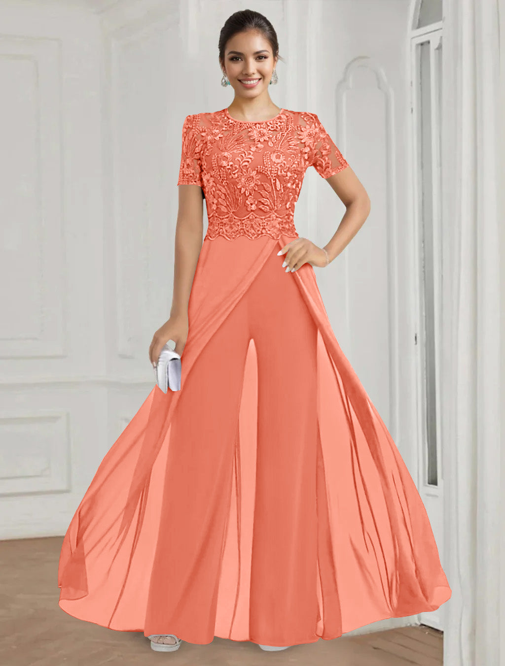 Stretch Chiffon Round Neck Short Sleeves Floor Length Mother Of The Bride Pantsuits With Appliques Lace