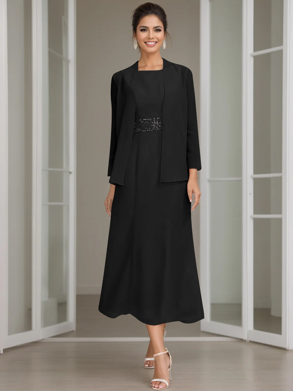 Sheath Column Jewel Neck Tea Length Mother Of The Bride Dresses With Jacket Beading