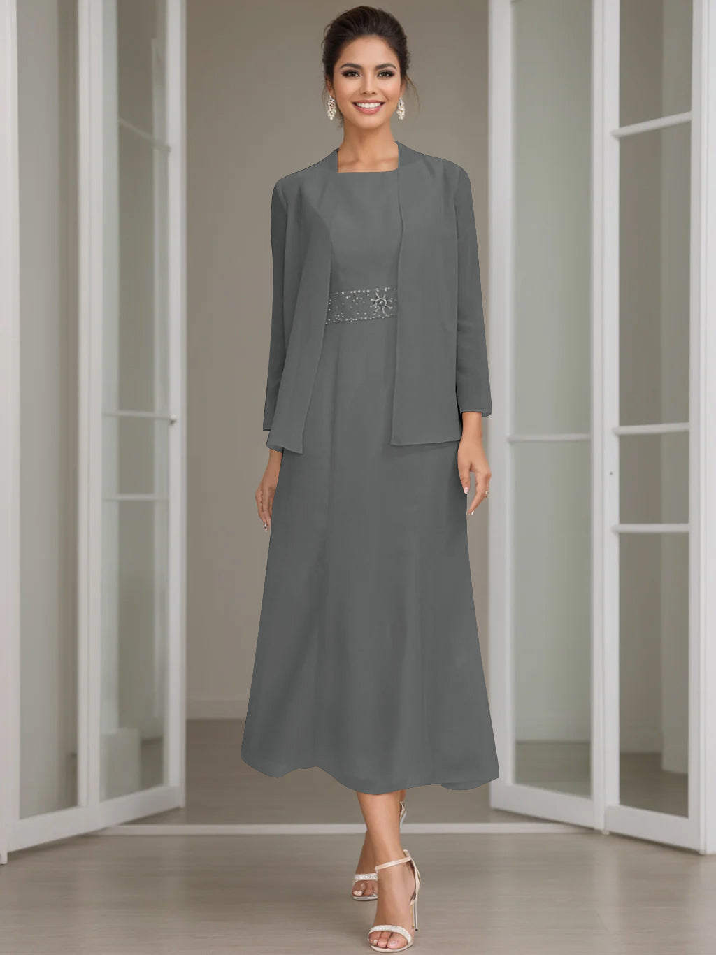 Sheath Column Jewel Neck Tea Length Mother Of The Bride Dresses With Jacket Beading