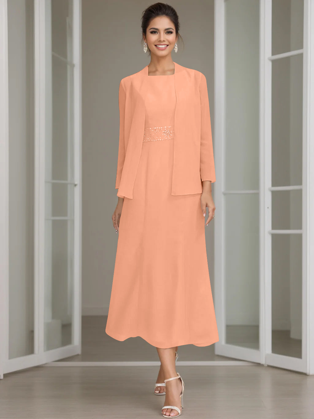 Sheath Column Jewel Neck Tea Length Mother Of The Bride Dresses With Jacket Beading