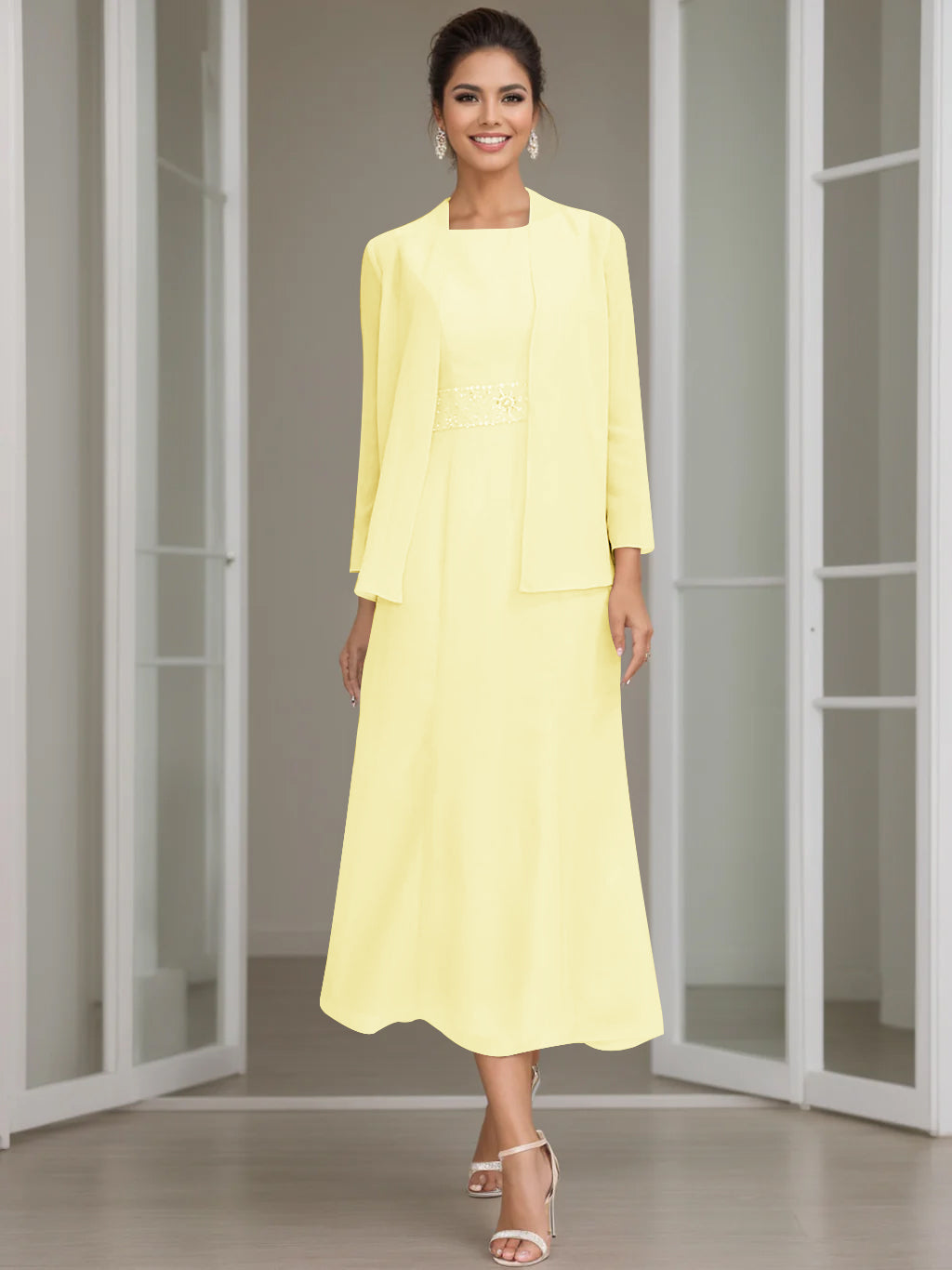 Sheath Column Jewel Neck Tea Length Mother Of The Bride Dresses With Jacket Beading