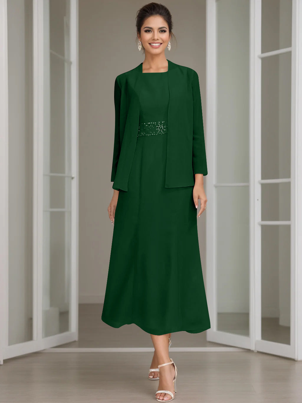 Sheath Column Jewel Neck Tea Length Mother Of The Bride Dresses With Jacket Beading