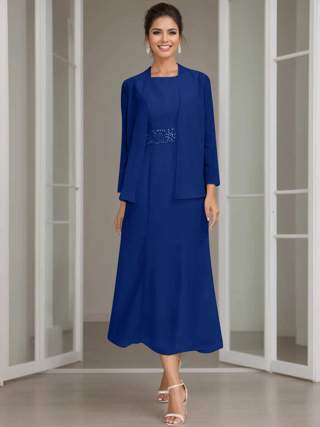 Sheath Column Jewel Neck Tea Length Mother Of The Bride Dresses With Jacket Beading
