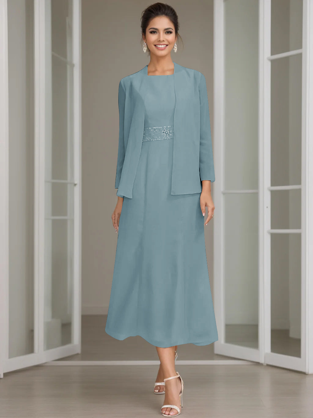 Sheath Column Jewel Neck Tea Length Mother Of The Bride Dresses With Jacket Beading