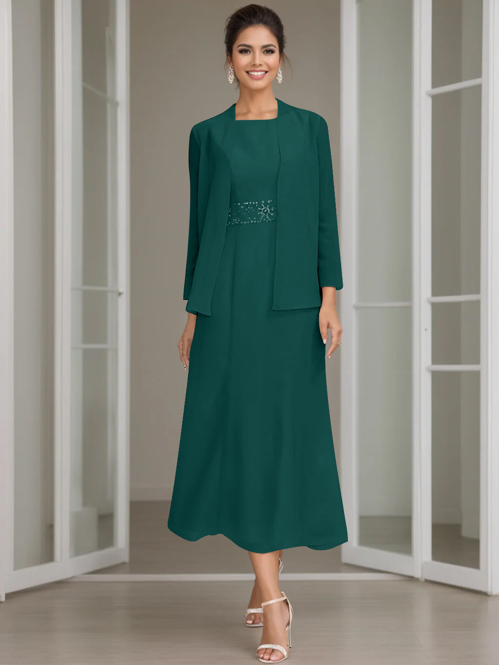 Sheath Column Jewel Neck Tea Length Mother Of The Bride Dresses With Jacket Beading