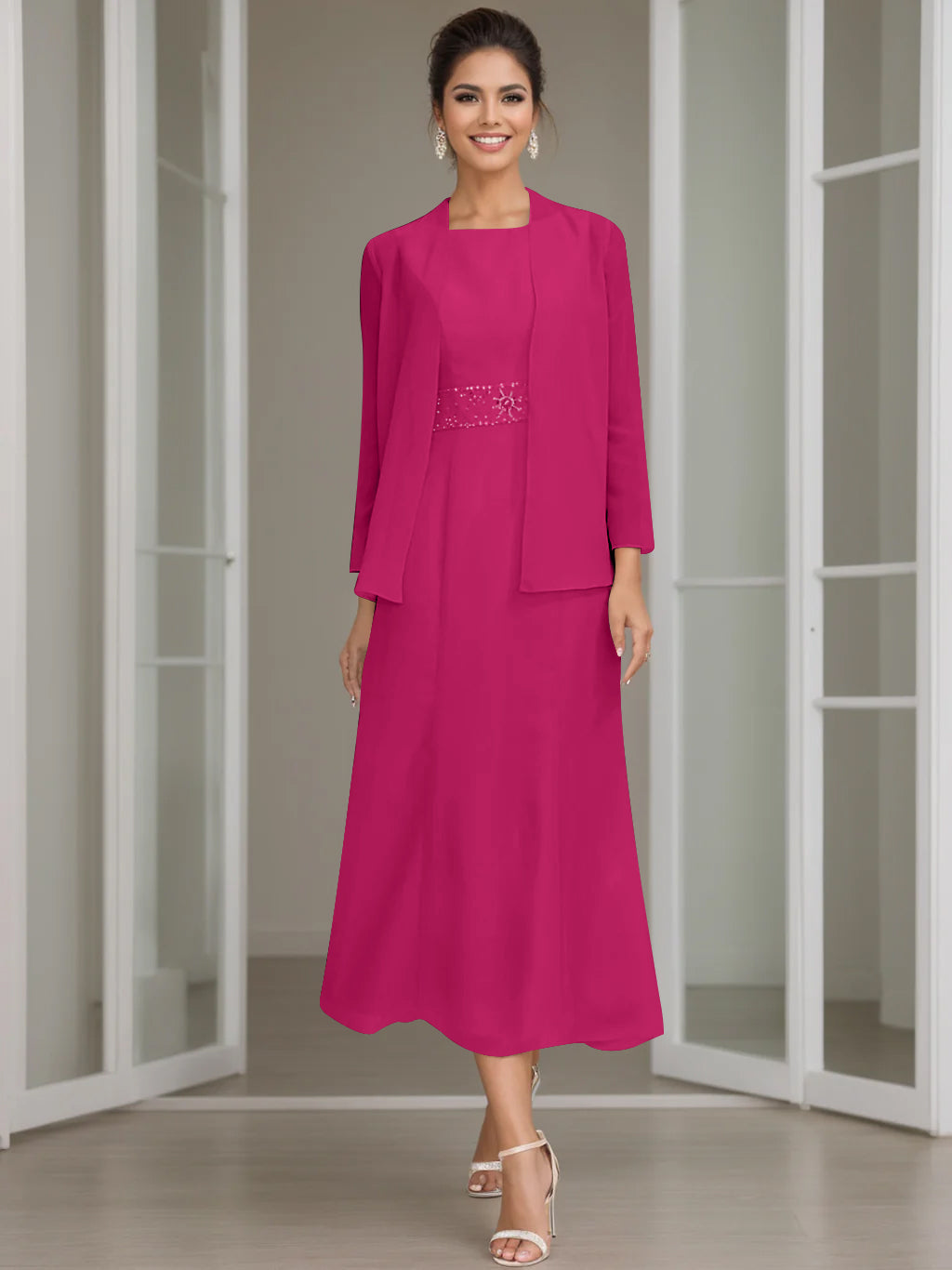 Sheath Column Jewel Neck Tea Length Mother Of The Bride Dresses With Jacket Beading