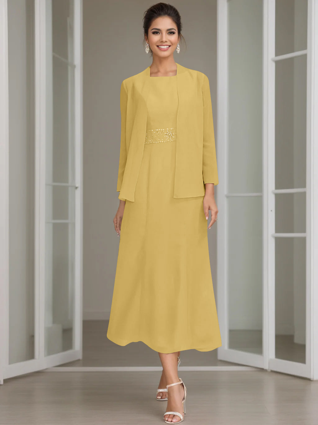 Sheath Column Jewel Neck Tea Length Mother Of The Bride Dresses With Jacket Beading