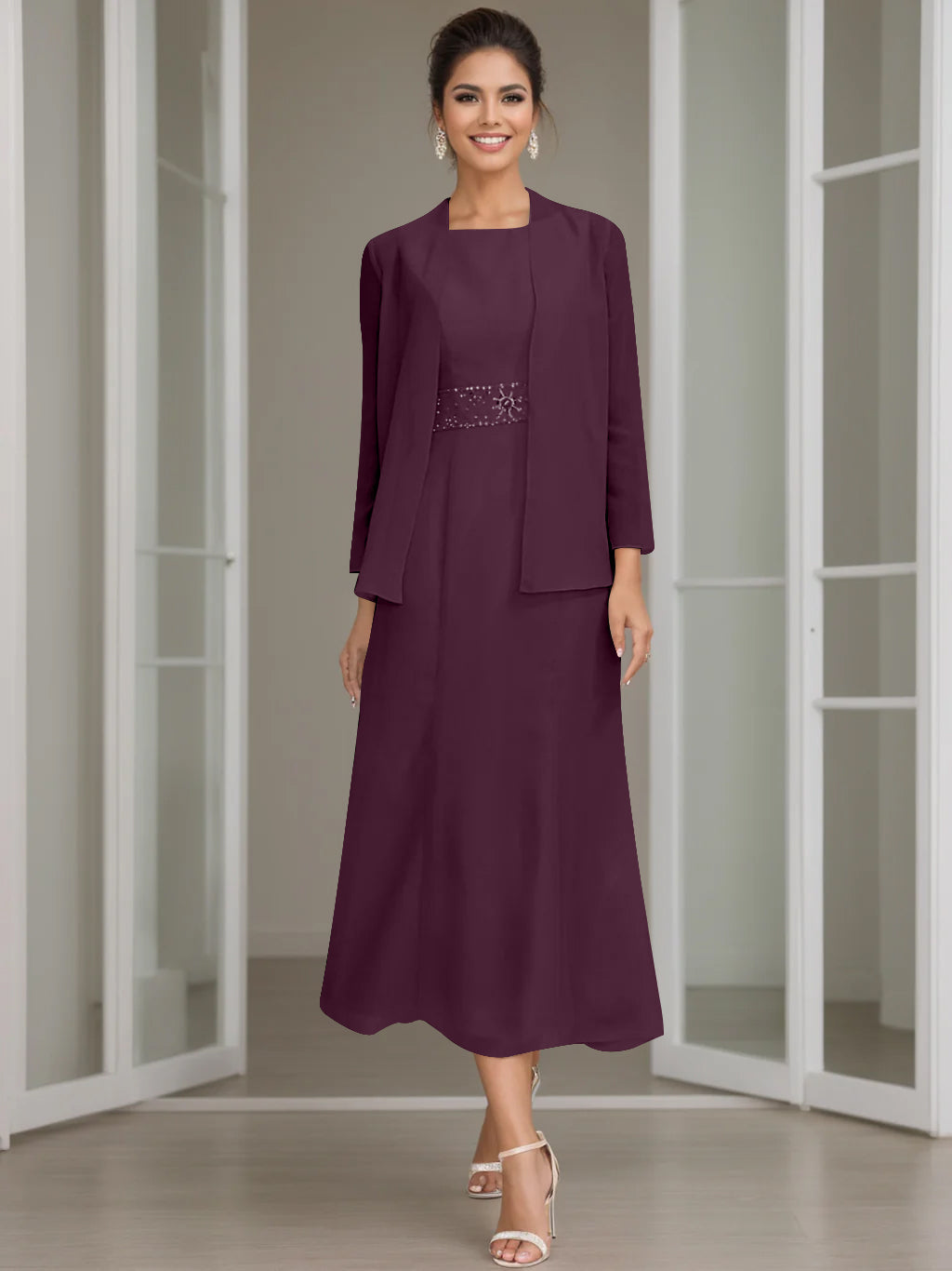 Sheath Column Jewel Neck Tea Length Mother Of The Bride Dresses With Jacket Beading