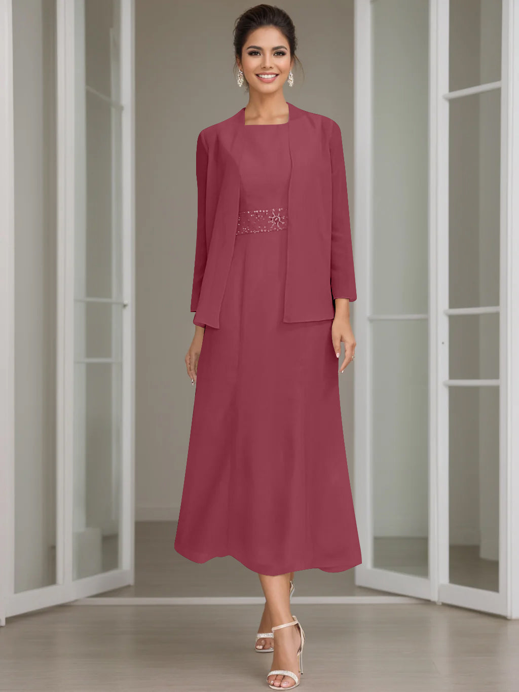Sheath Column Jewel Neck Tea Length Mother Of The Bride Dresses With Jacket Beading