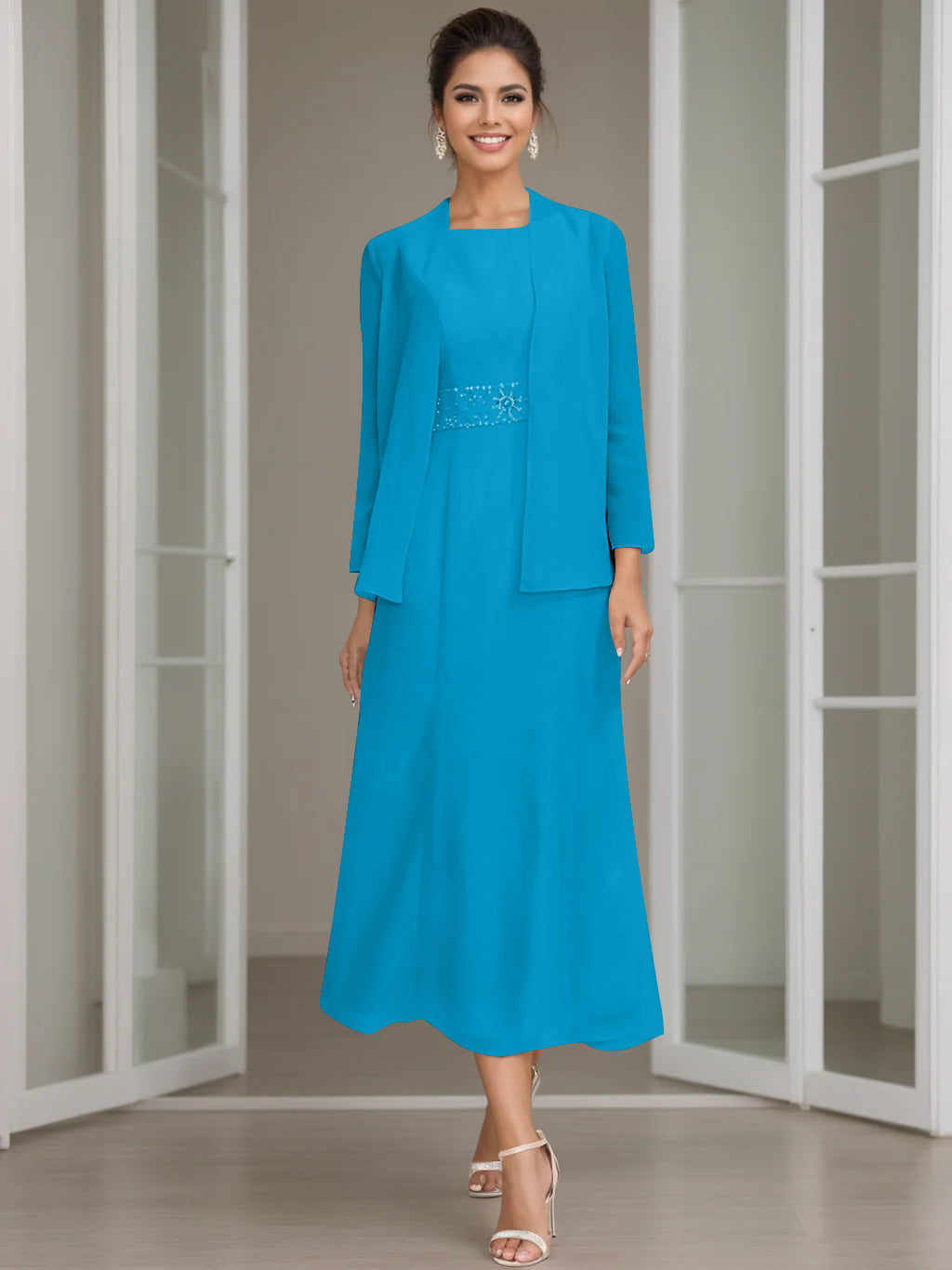Sheath Column Jewel Neck Tea Length Mother Of The Bride Dresses With Jacket Beading