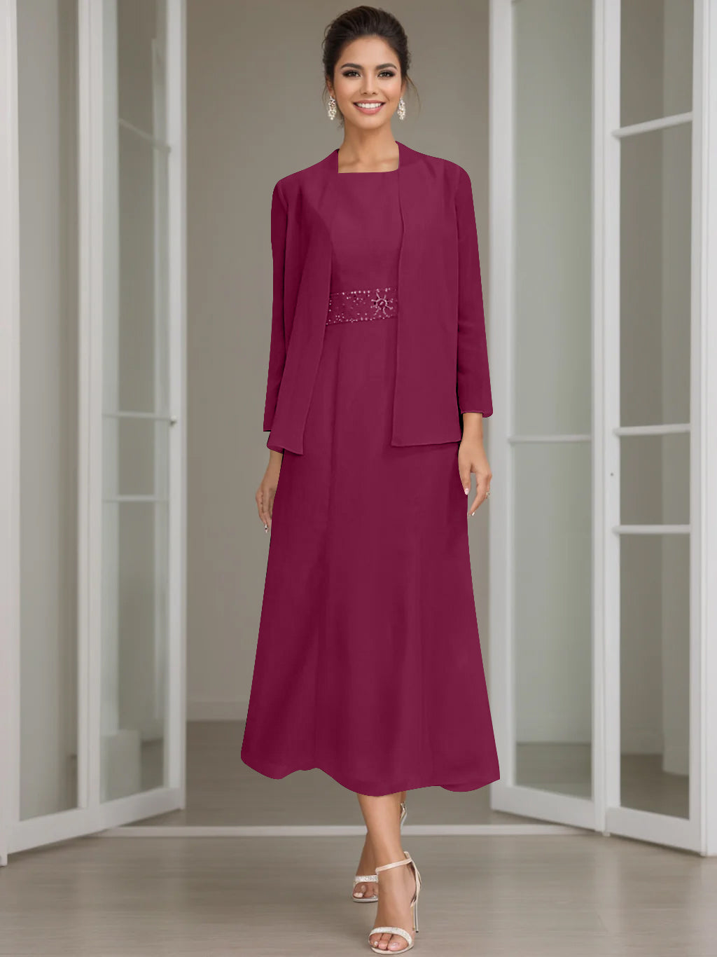 Sheath Column Jewel Neck Tea Length Mother Of The Bride Dresses With Jacket Beading