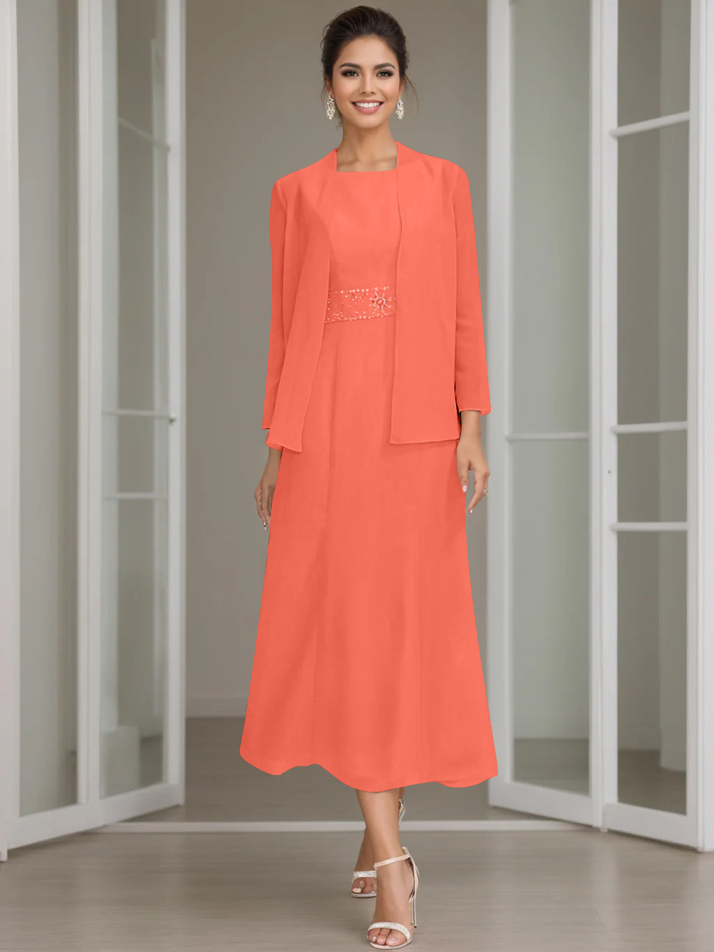 Sheath Column Jewel Neck Tea Length Mother Of The Bride Dresses With Jacket Beading