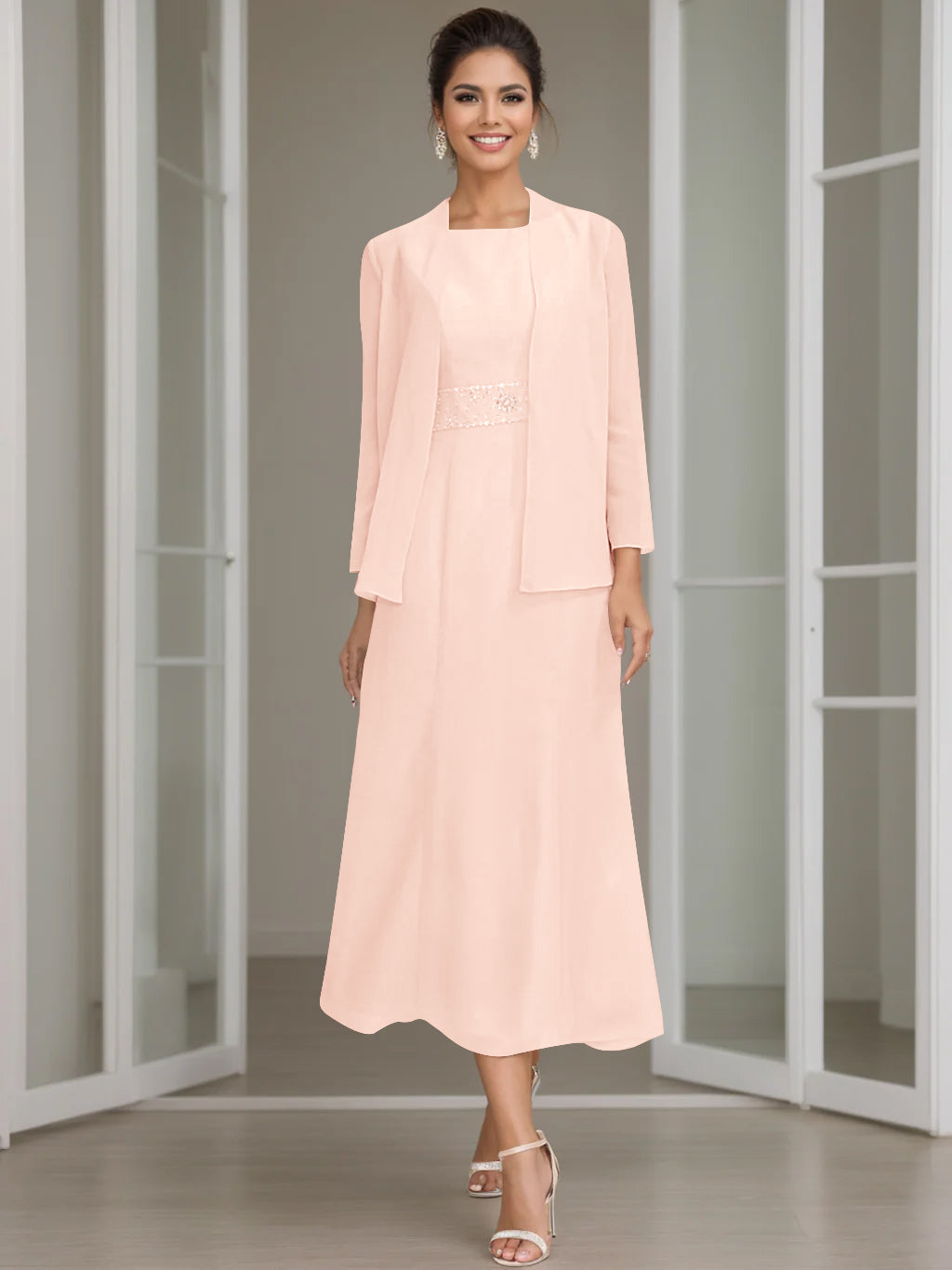 Sheath Column Jewel Neck Tea Length Mother Of The Bride Dresses With Jacket Beading