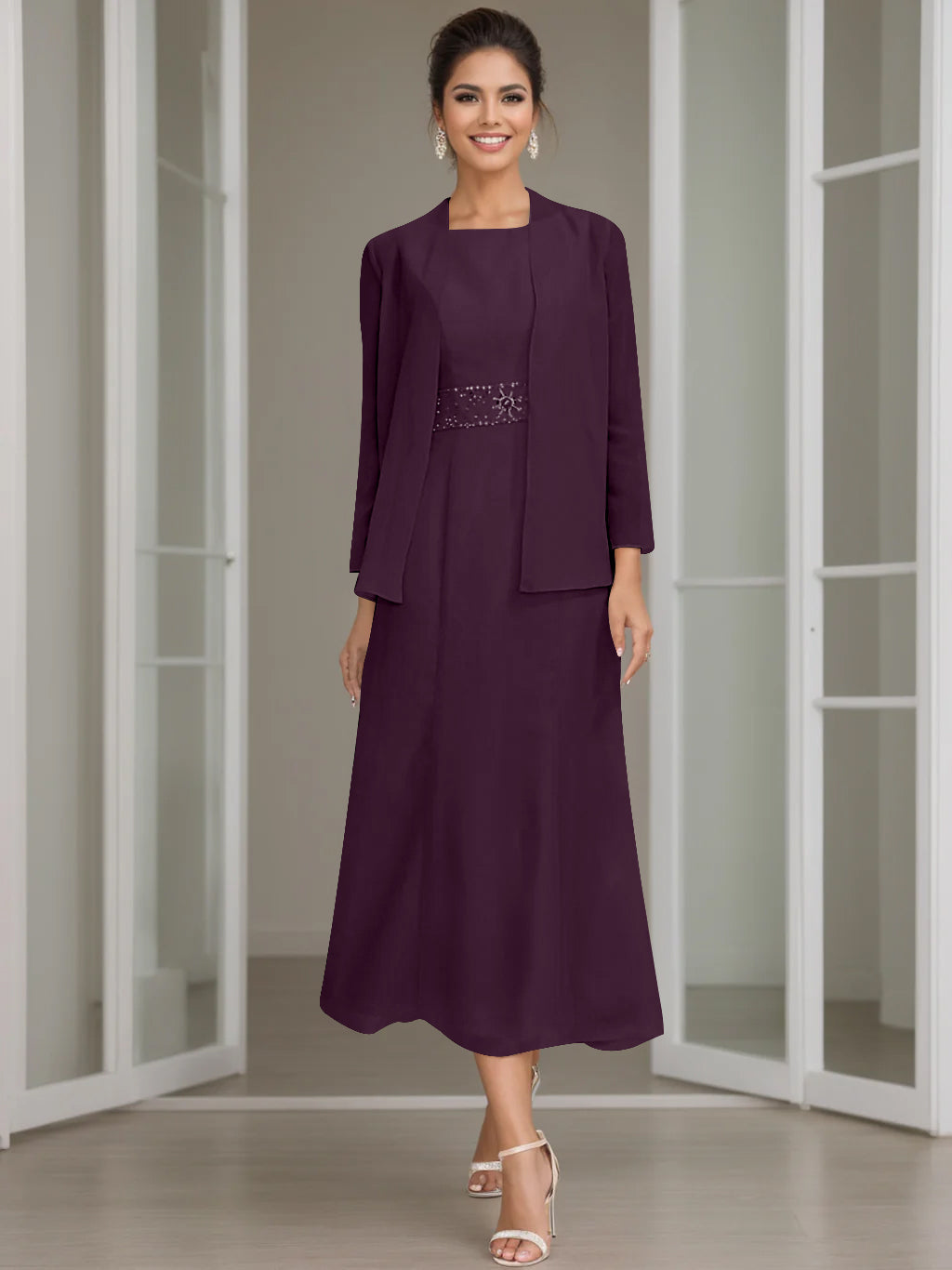 Sheath Column Jewel Neck Tea Length Mother Of The Bride Dresses With Jacket Beading