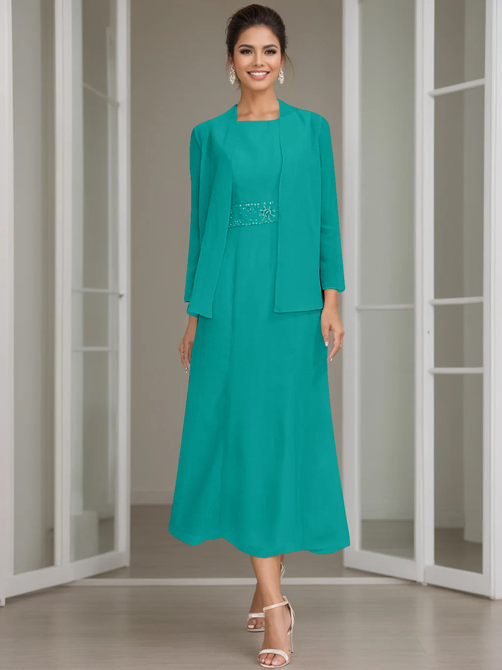 Sheath Column Jewel Neck Tea Length Mother Of The Bride Dresses With Jacket Beading