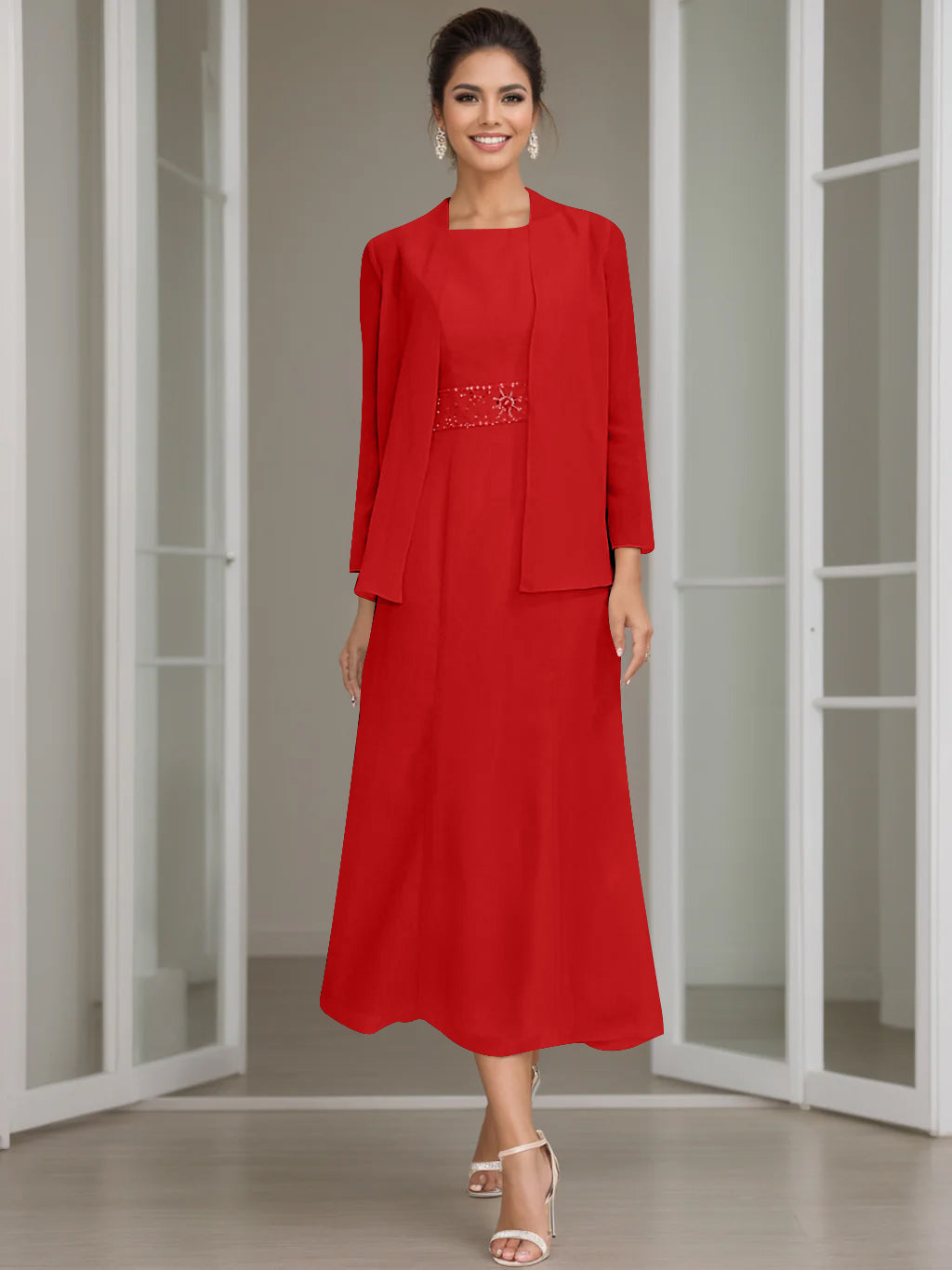 Sheath Column Jewel Neck Tea Length Mother Of The Bride Dresses With Jacket Beading