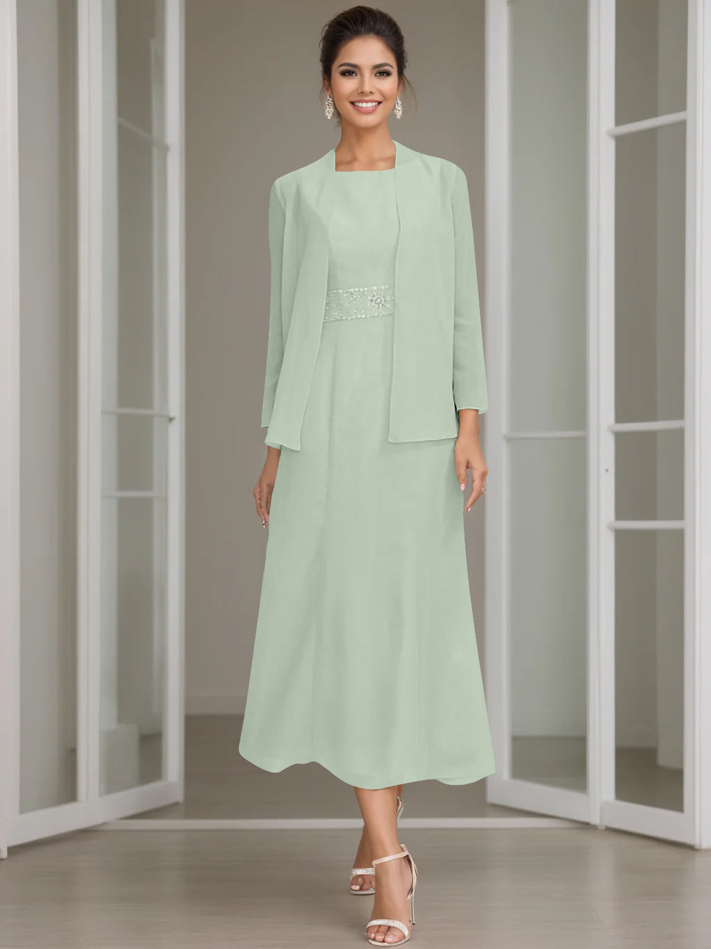 Sheath Column Jewel Neck Tea Length Mother Of The Bride Dresses With Jacket Beading