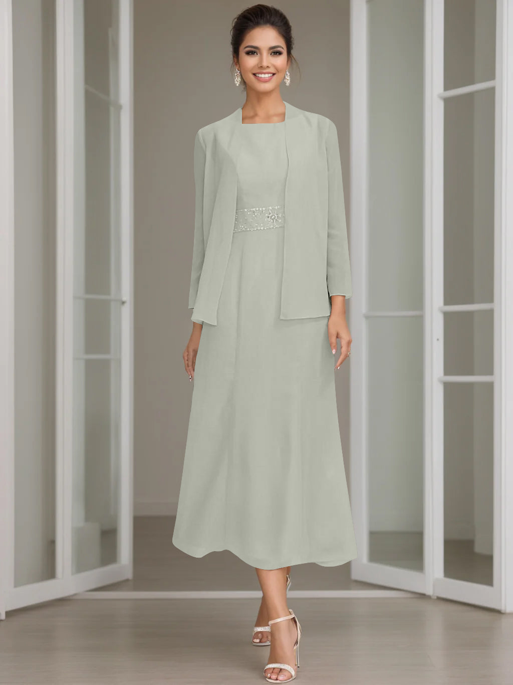 Sheath Column Jewel Neck Tea Length Mother Of The Bride Dresses With Jacket Beading