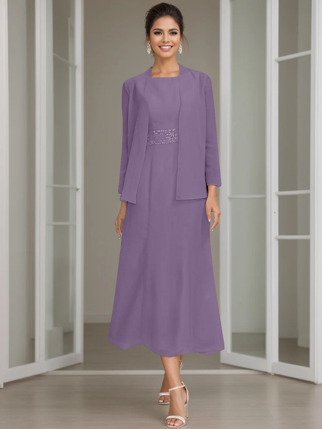 Sheath Column Jewel Neck Tea Length Mother Of The Bride Dresses With Jacket Beading