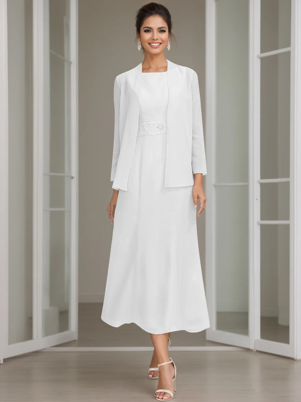 Sheath Column Jewel Neck Tea Length Mother Of The Bride Dresses With Jacket Beading