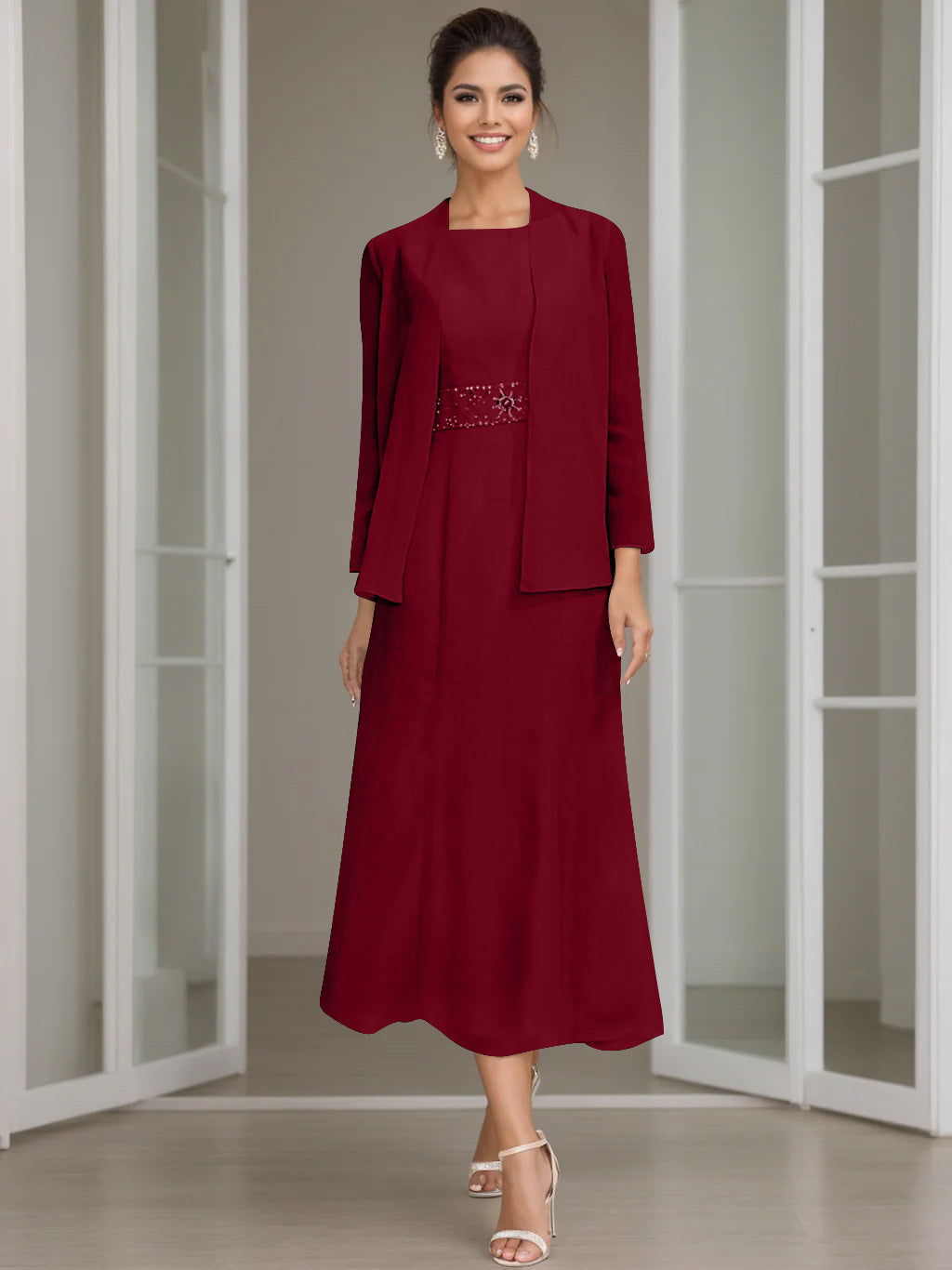 Sheath Column Jewel Neck Tea Length Mother Of The Bride Dresses With Jacket Beading
