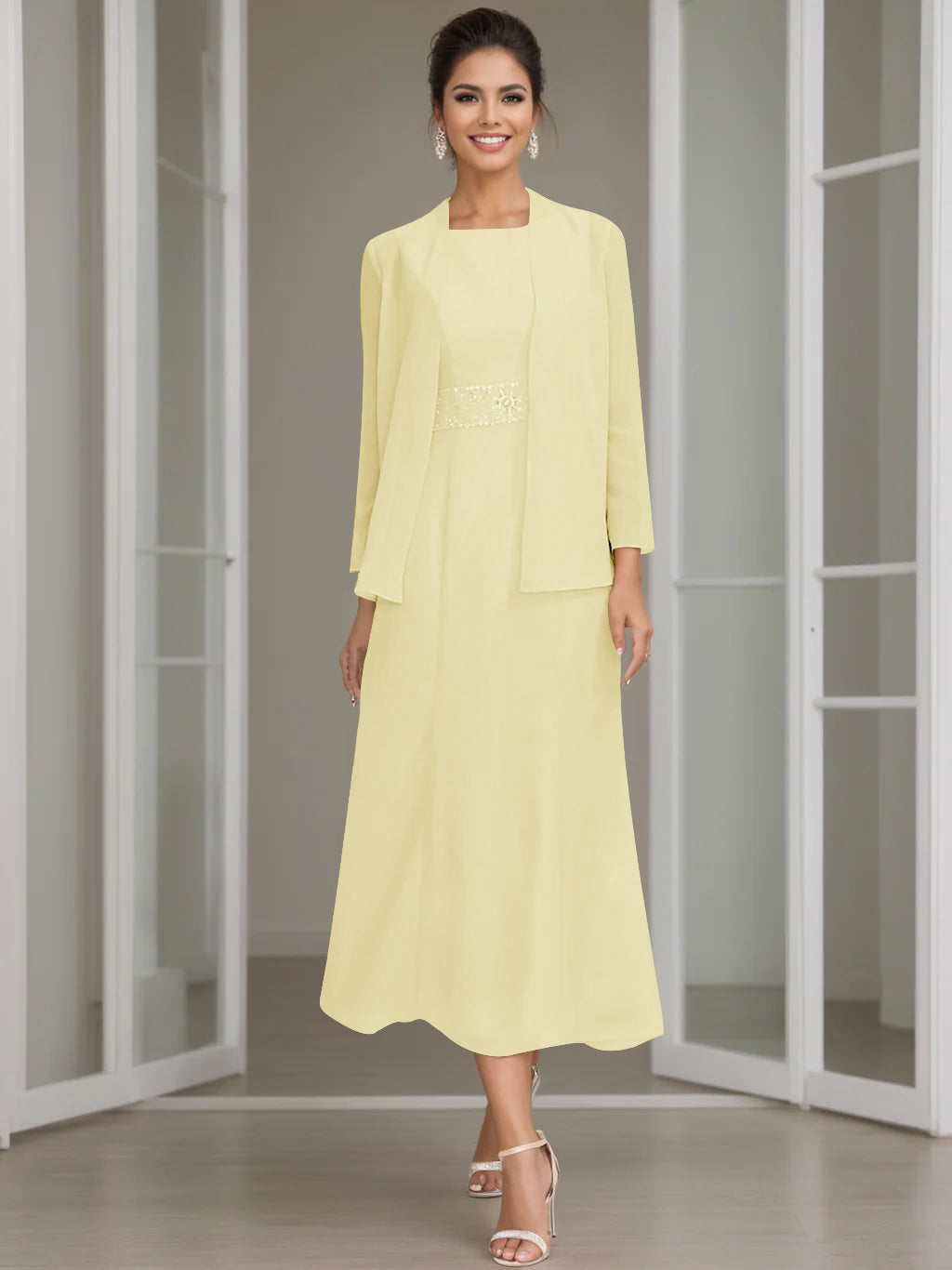 Sheath Column Jewel Neck Tea Length Mother Of The Bride Dresses With Jacket Beading