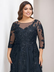 A Line Princess Scoop 3 4 Length Sleeves Floor Length Plus Size Mother Of The Bride Outfits With Sequins