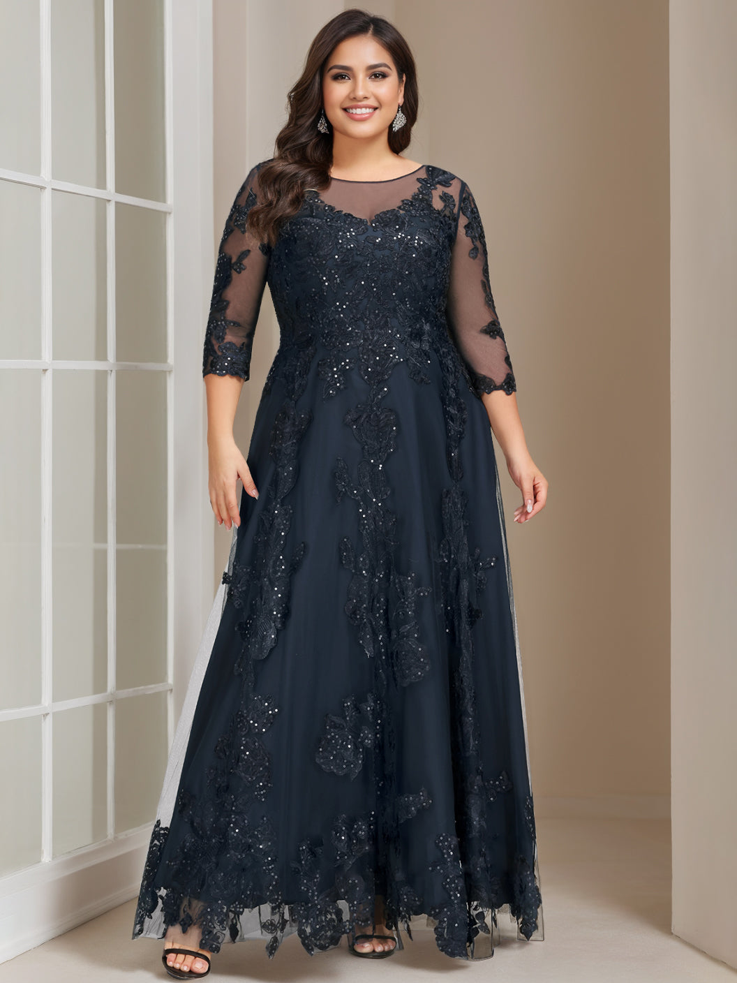 A Line Princess Scoop 3 4 Length Sleeves Floor Length Plus Size Mother Of The Bride Outfits With Sequins