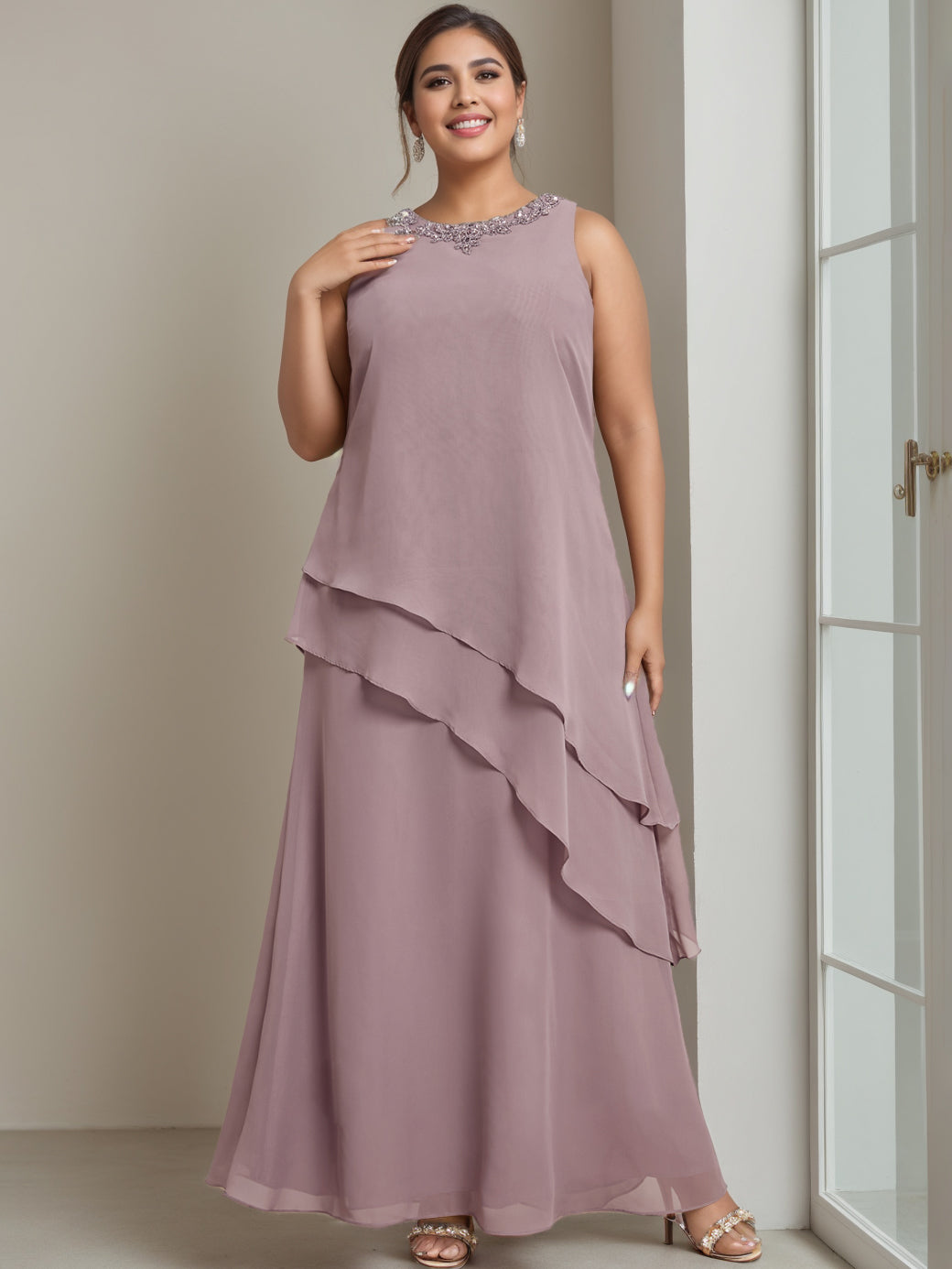 A Line Princess Scoop Sleeveless Floor Length Plus Size Mother Of The Bride Long Dresses With Beading