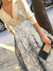 A Line Princess Shirt Collar 3 4 Sleeves Printed Flower Mother Of The Bride Groom Dresses