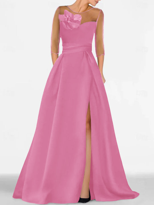 A Line Princess Sweetheart 3 4 Sleeves Mother Of The Bride Dresses With Lace Flower High Split