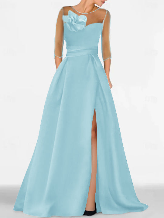 A Line Princess Sweetheart 3 4 Sleeves Mother Of The Bride Dresses With Lace Flower High Split