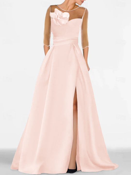 A Line Princess Sweetheart 3 4 Sleeves Mother Of The Bride Dresses With Lace Flower High Split