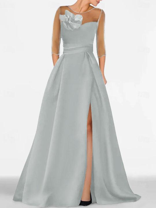 A Line Princess Sweetheart 3 4 Sleeves Mother Of The Bride Dresses With Lace Flower High Split