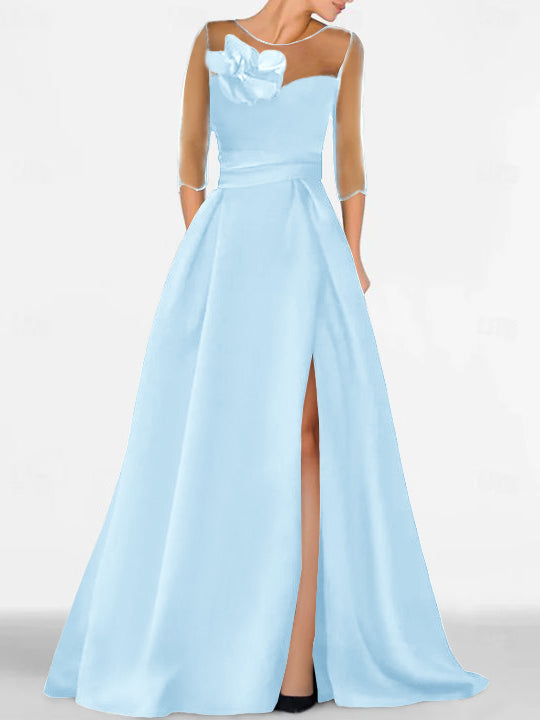 A Line Princess Sweetheart 3 4 Sleeves Mother Of The Bride Dresses With Lace Flower High Split