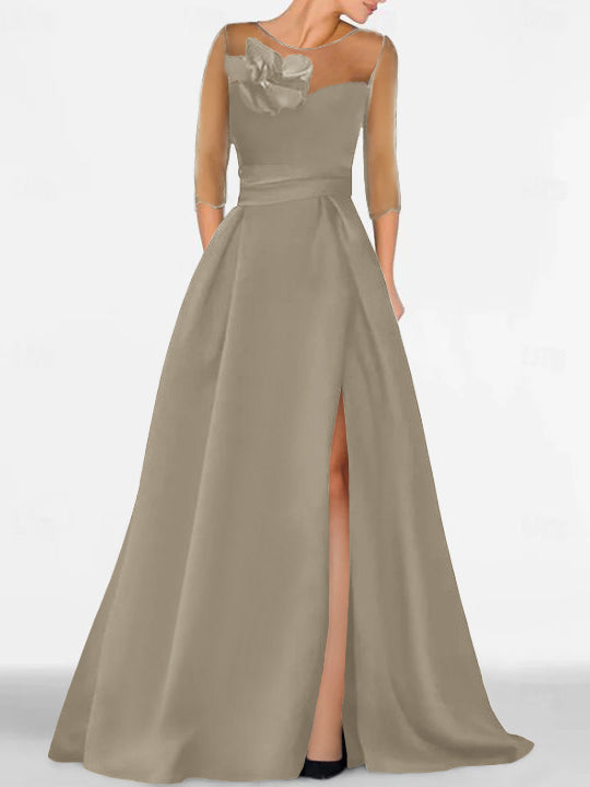 A Line Princess Sweetheart 3 4 Sleeves Mother Of The Bride Dresses With Lace Flower High Split