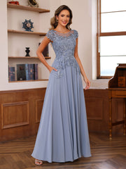 A Line Princess Scoop Neck Short Sleeves Floor Length Mother Of The Bride Dresses With Appliques