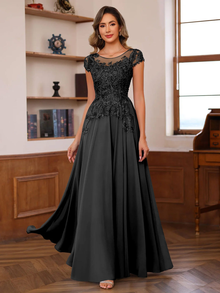 A Line Princess Scoop Neck Short Sleeves Floor Length Mother Of The Bride Dresses With Appliques