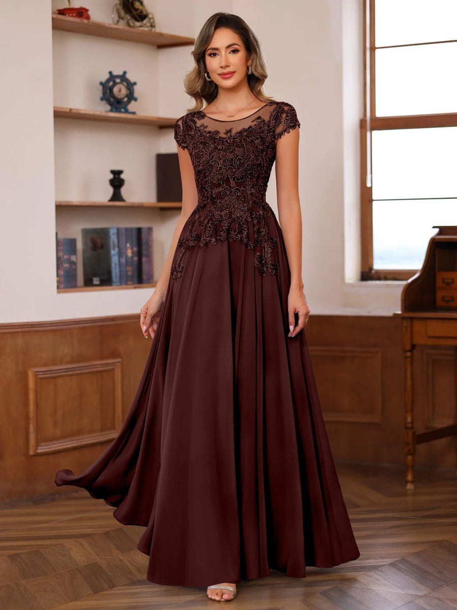 A Line Princess Scoop Neck Short Sleeves Floor Length Mother Of The Bride Dresses With Appliques