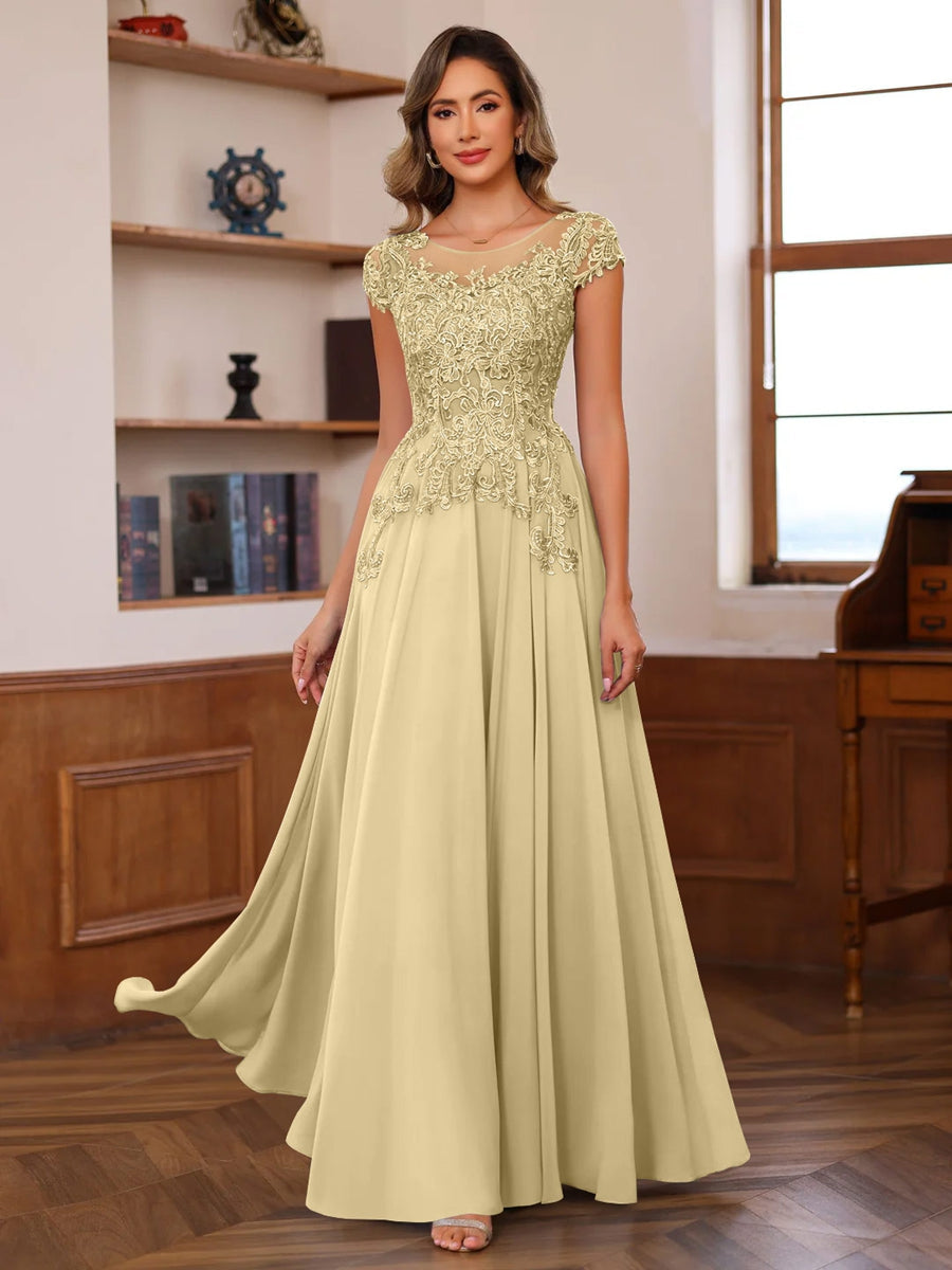 A Line Princess Scoop Neck Short Sleeves Floor Length Mother Of The Bride Dresses With Appliques