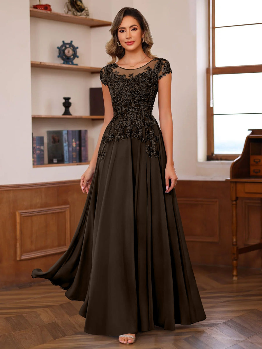 A Line Princess Scoop Neck Short Sleeves Floor Length Mother Of The Bride Dresses With Appliques