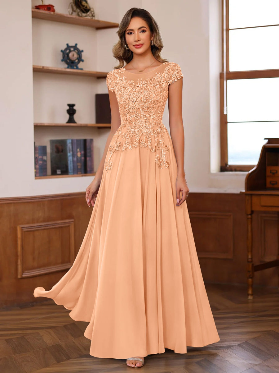 A Line Princess Scoop Neck Short Sleeves Floor Length Mother Of The Bride Dresses With Appliques