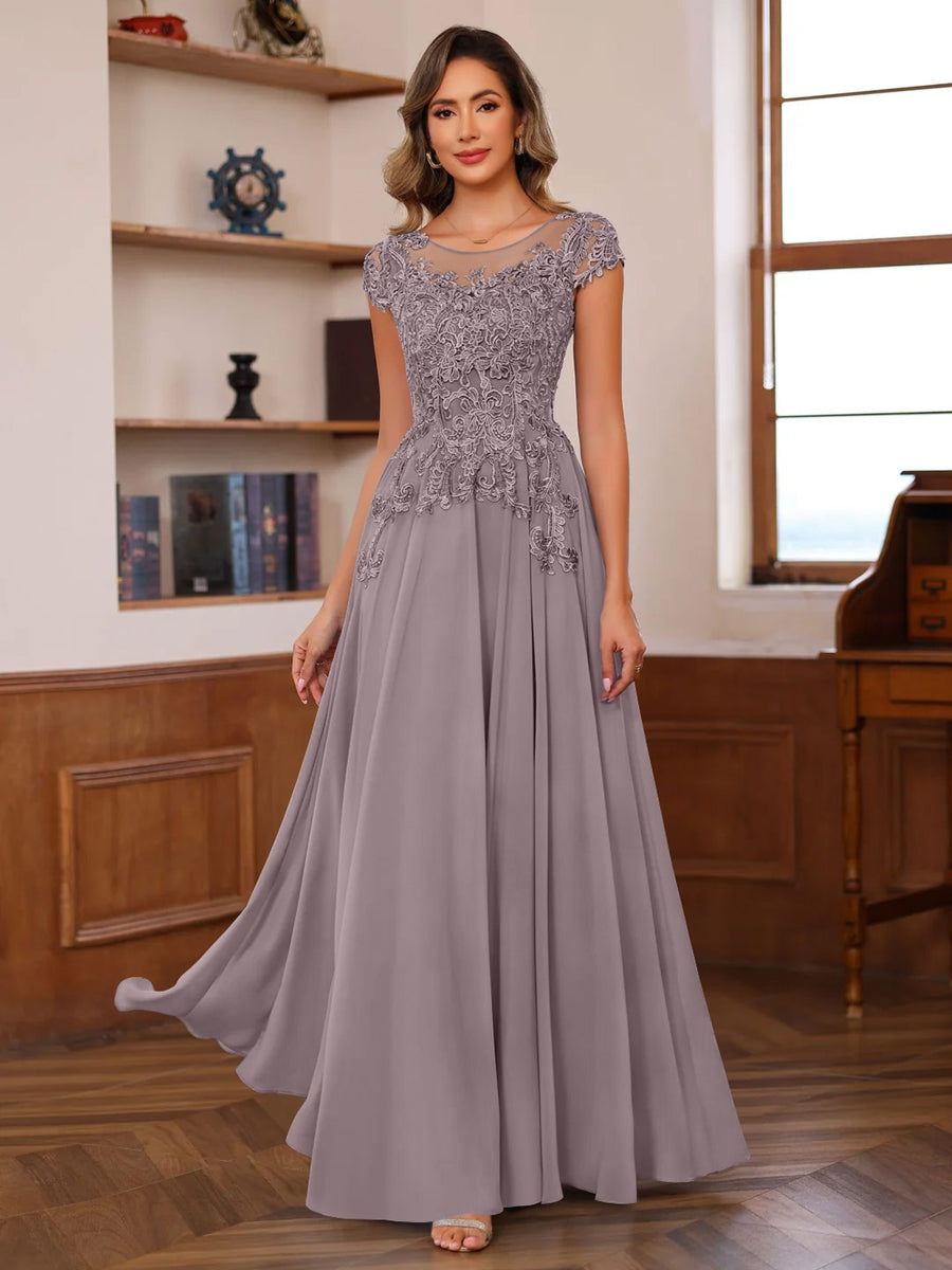 A Line Princess Scoop Neck Short Sleeves Floor Length Mother Of The Bride Dresses With Appliques