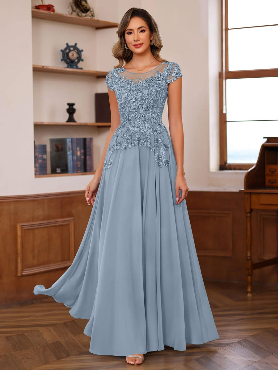 A Line Princess Scoop Neck Short Sleeves Floor Length Mother Of The Bride Dresses With Appliques